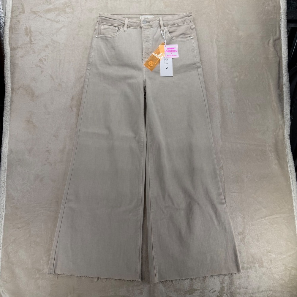 Risen Jeans Wide Leg Women 13/31 Tan New Tummy Control High Rise Raw Hem PW21019